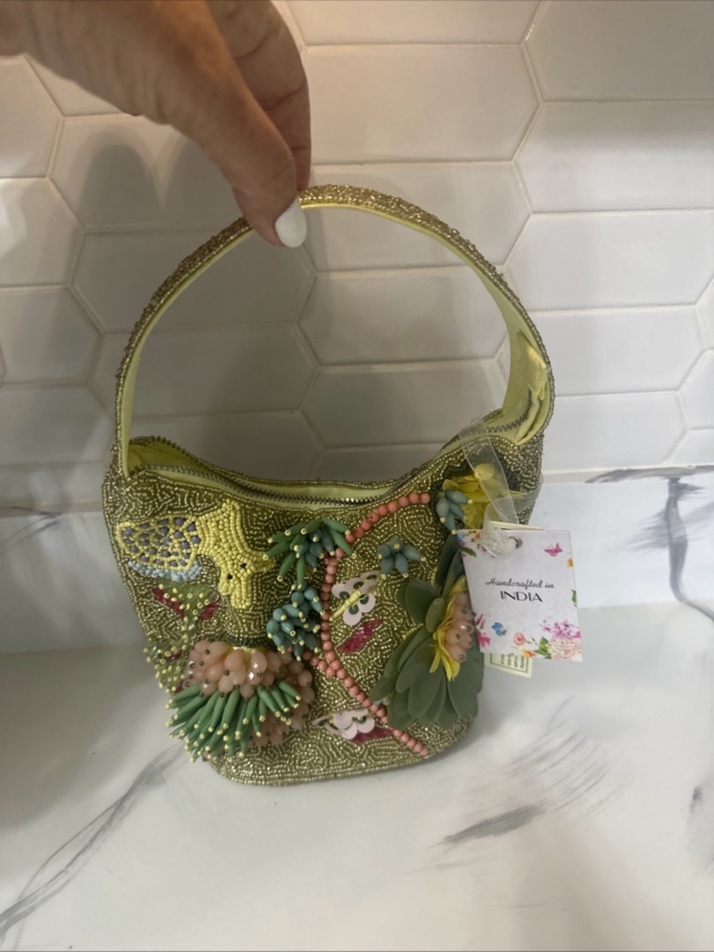 Handcrafted Green Beaded Floral Shoulder Bag